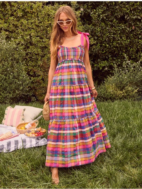 Vici Dresses & Skirts - Vici Multi-Color Plaid Maxi Dress with Pink Tie Straps